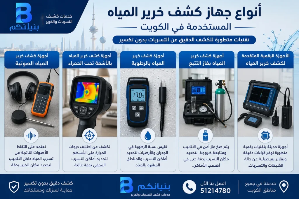 أنواع جهاز كشف خرير المياه المستخدمة في الكويت من شركة بنيانكم، وتشمل الأجهزة الصوتية، والأشعة تحت الحمراء، وأجهزة قياس الرطوبة، وغاز التتبع، والأجهزة الرقمية الحديثة