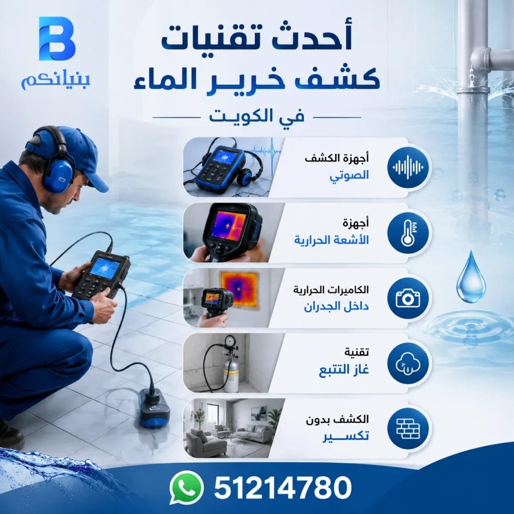 كشف خرير الماء في الكويت باستخدام أحدث أجهزة الكشف الصوتي والكاميرات الحرارية وتقنية غاز التتبع بدون تكسير من شركة بنيانكم