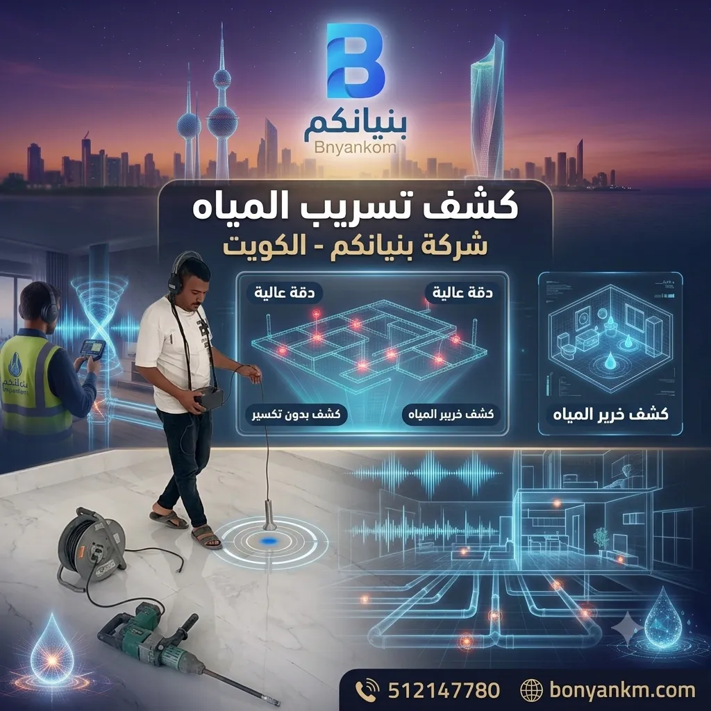 فني من شركة بنيانكم يقوم بخدمة كشف تسريب المياه في الكويت باستخدام أحدث الأجهزة الإلكترونية دون تكسير