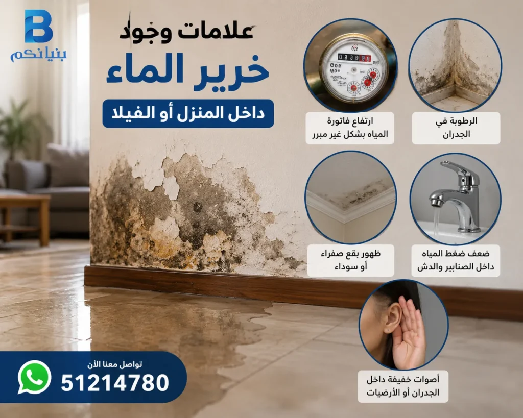علامات كشف خرير الماء داخل منزل في الكويت، مثل الرطوبة وارتفاع فاتورة المياه وضعف ضغط المياه وأصوات التسرب داخل الجدران